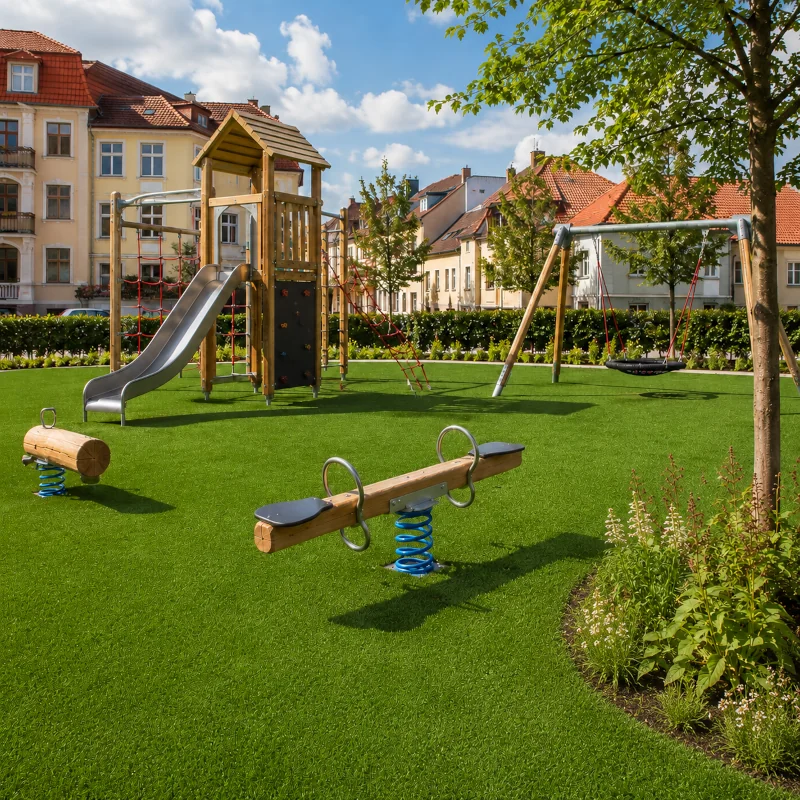 Kunstrasen auf Spielplatz in Kombination mit Fallschutz