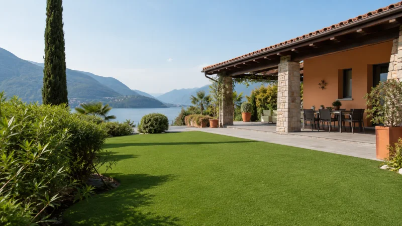Kunstrasen in einem gepflegten Garten eines Ferienhauses im Tessin