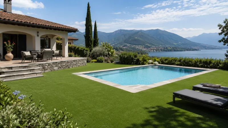 Kunstrasen am Pool eines Ferienhauses im Tessin.